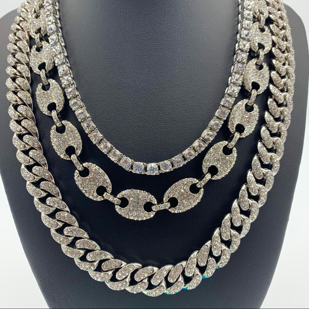 Tennis Chain / Cuban Chain / Gucci Link Chain SET - Picture 1 of 4